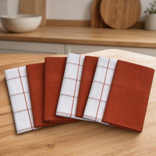 Set 6 Paños de Cocina 100% algodón 50x70 cm - Cuadros Terracota 200GR