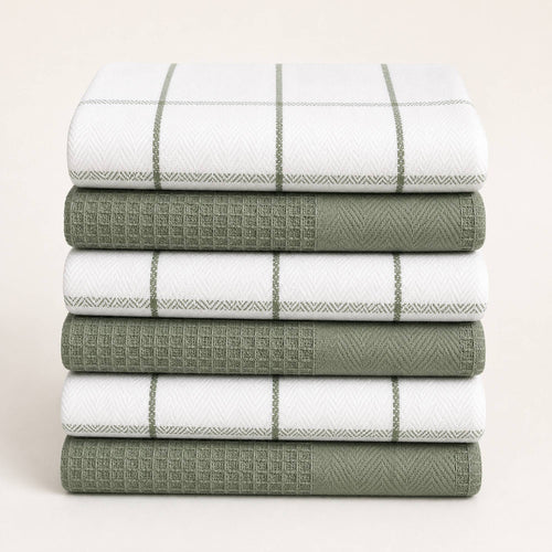 Set 6 Paños de Cocina 100% algodón 50x70 cm - Cuadros Verde Olivo 200GR