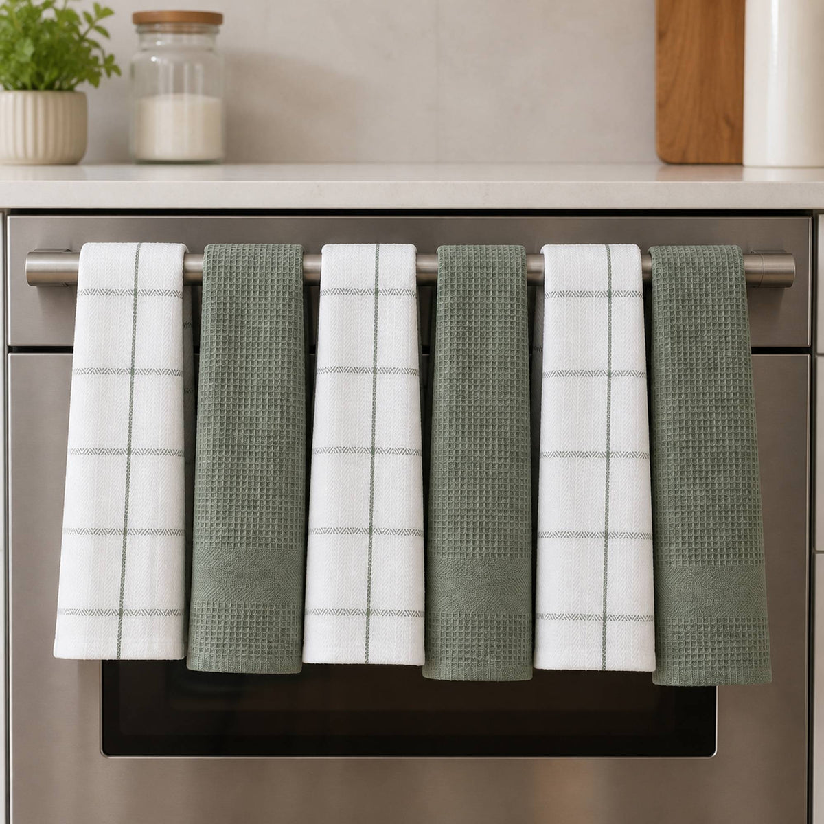 Set 6 Paños de Cocina 100% algodón 50x70 cm - Cuadros Verde Olivo 200GR