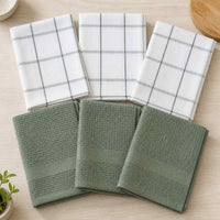 Set 6 Paños de Cocina 100% algodón 50x70 cm - Cuadros Verde Olivo 200GR