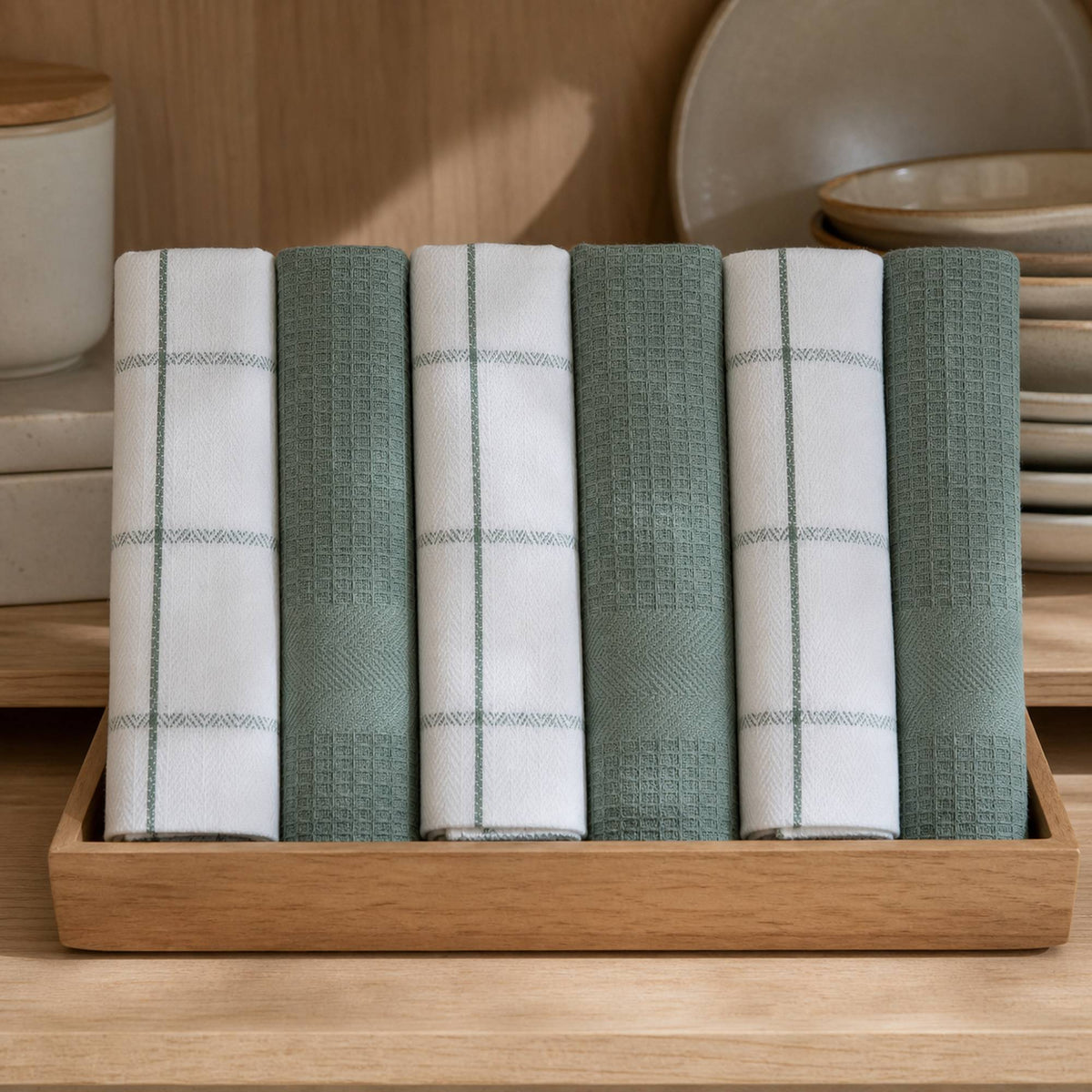 Set 6 Paños de Cocina 100% algodón 50x70 cm - Cuadros Verde Olivo 200GR