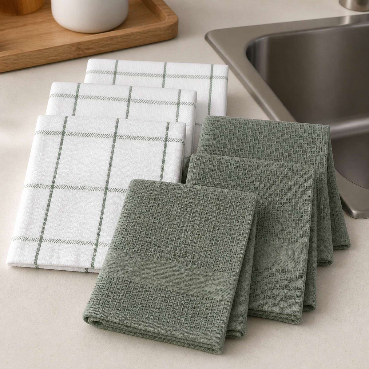 Set 6 Paños de Cocina 100% algodón 50x70 cm - Cuadros Verde Olivo 200GR