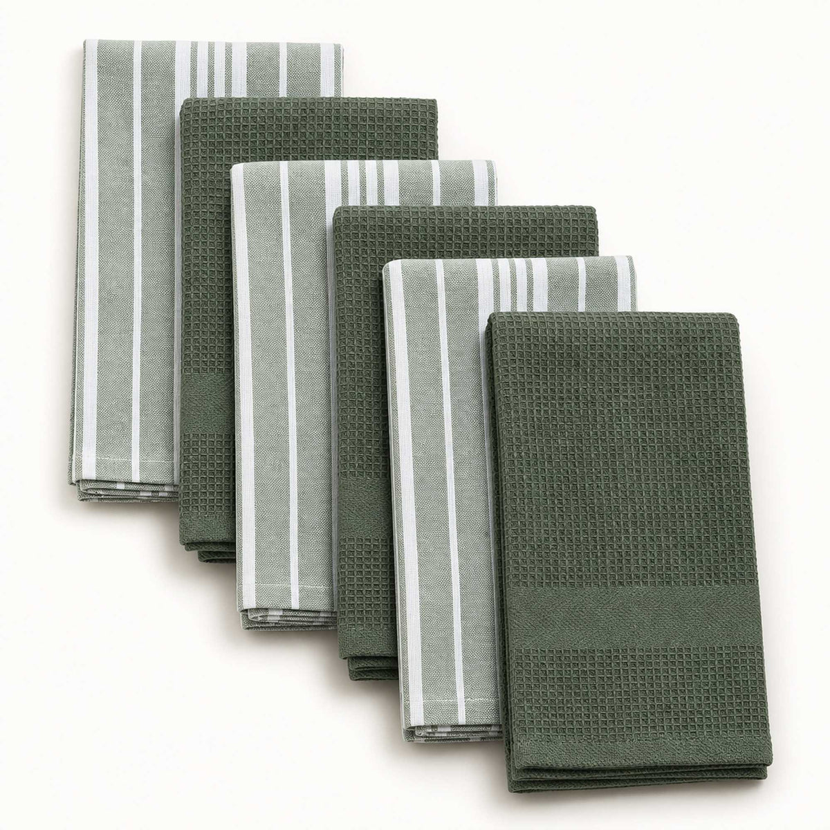 Set 6 Paños de Cocina 100% algodón 50x70 cm - Líneas Verde Olivo 200GR