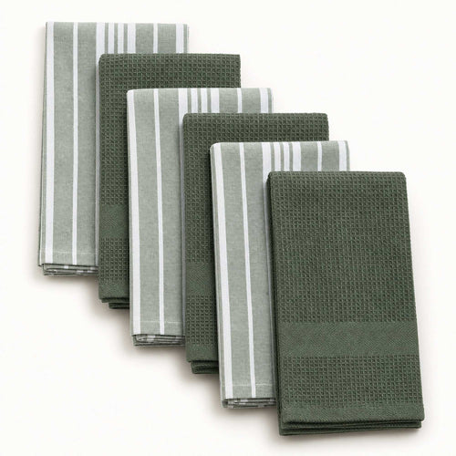 Set 6 Paños de Cocina 100% algodón 50x70 cm - Líneas Verde Olivo 200GR