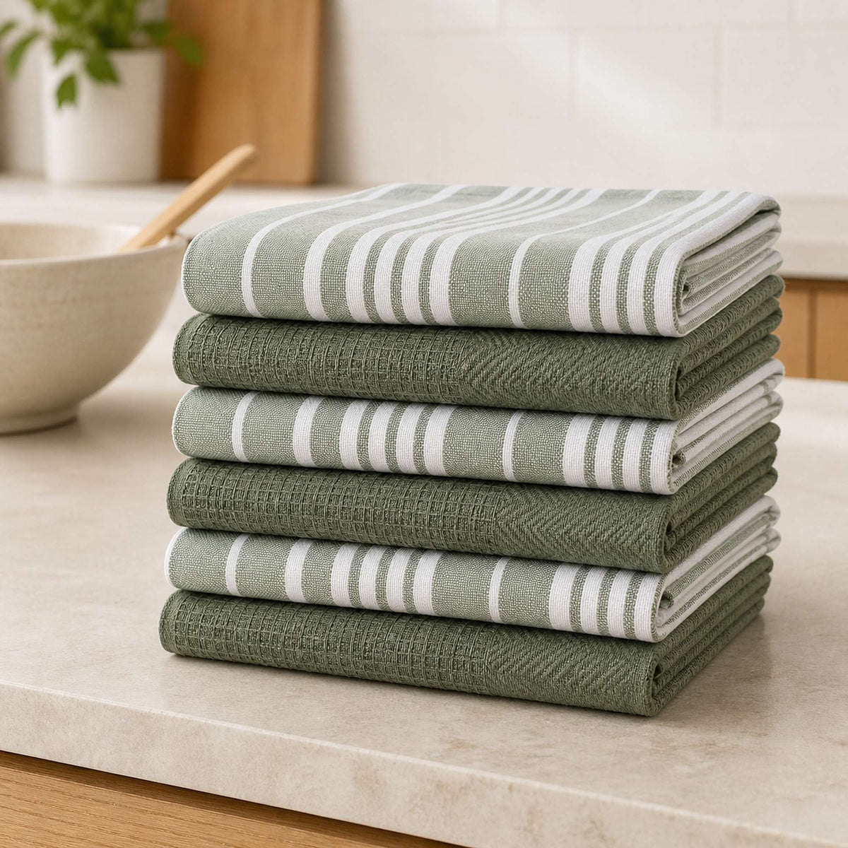 Set 6 Paños de Cocina 100% algodón 50x70 cm - Líneas Verde Olivo 200GR