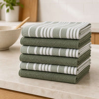 Set 6 Paños de Cocina 100% algodón 50x70 cm - Líneas Verde Olivo 200GR
