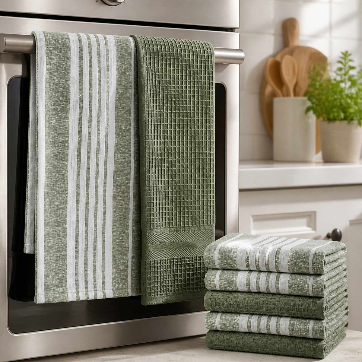 Set 6 Paños de Cocina 100% algodón 50x70 cm - Líneas Verde Olivo 200GR