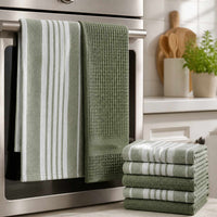Set 6 Paños de Cocina 100% algodón 50x70 cm - Líneas Verde Olivo 200GR