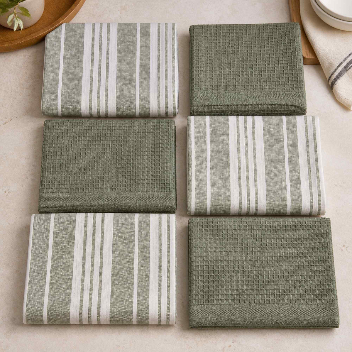 Set 6 Paños de Cocina 100% algodón 50x70 cm - Líneas Verde Olivo 200GR