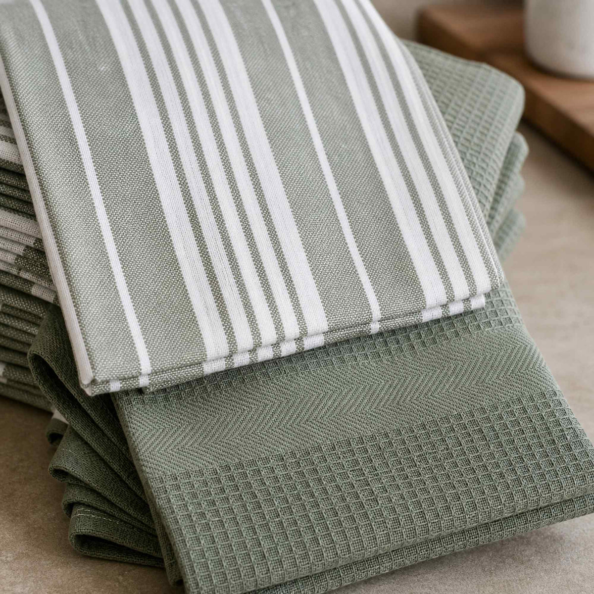 Set 6 Paños de Cocina 100% algodón 50x70 cm - Líneas Verde Olivo 200GR