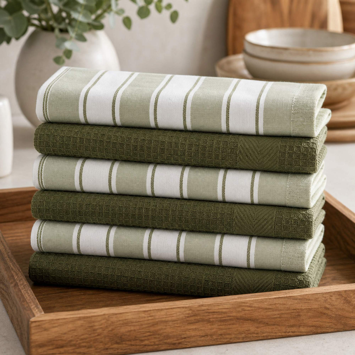 Set 6 Paños de Cocina 100% algodón 50x70 cm - Líneas Verde Olivo 200GR