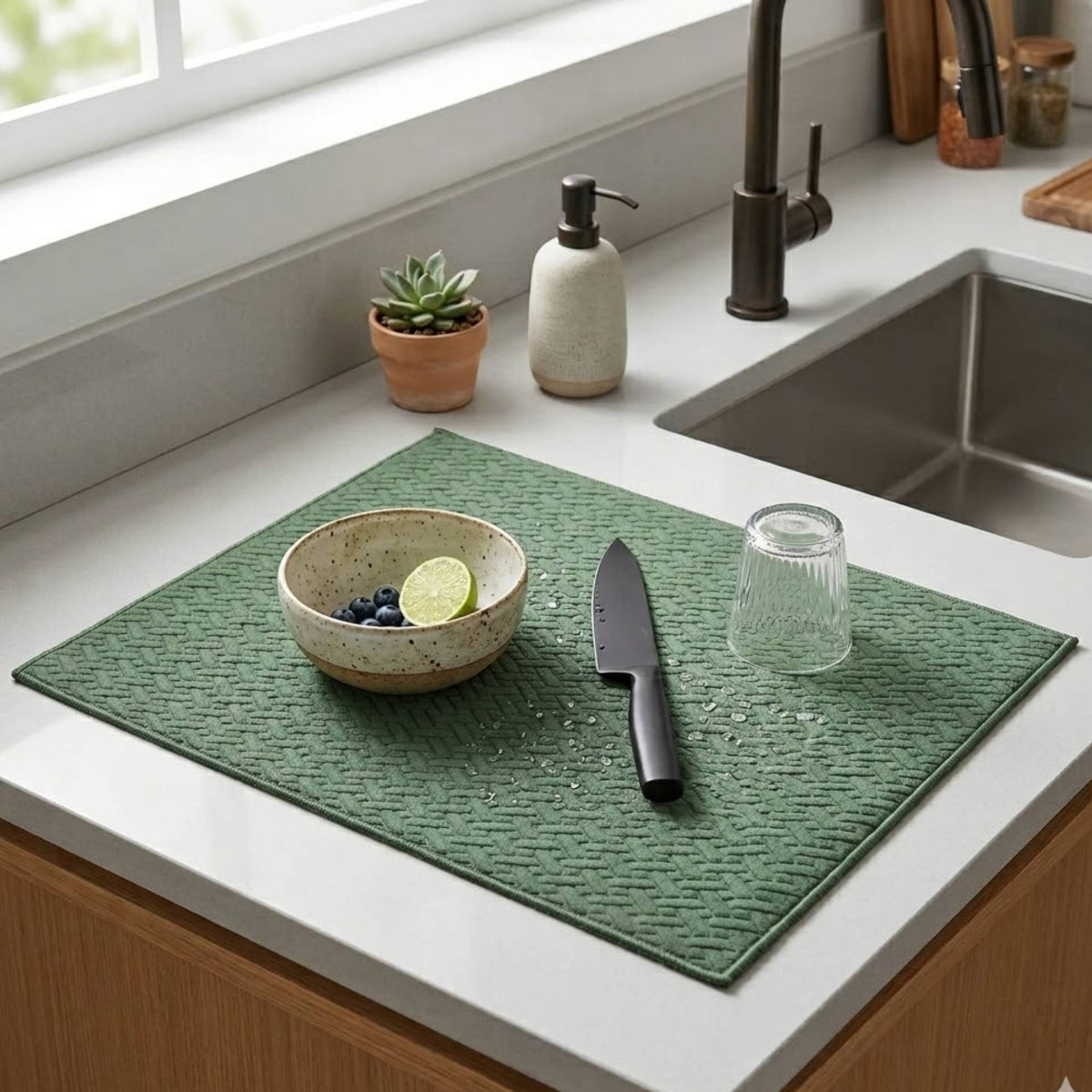 Kit Cocina Absorbente 4 Piezas: 2 Tapete Secaplatos + 2 Paños Algodón — Verde Olivo