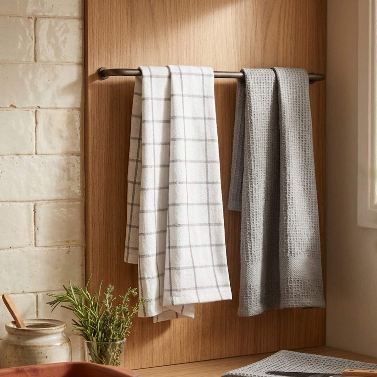 Set 2 Paños de Cocina 100% algodón 50x70 cm - Cuadrados Gris 200GR