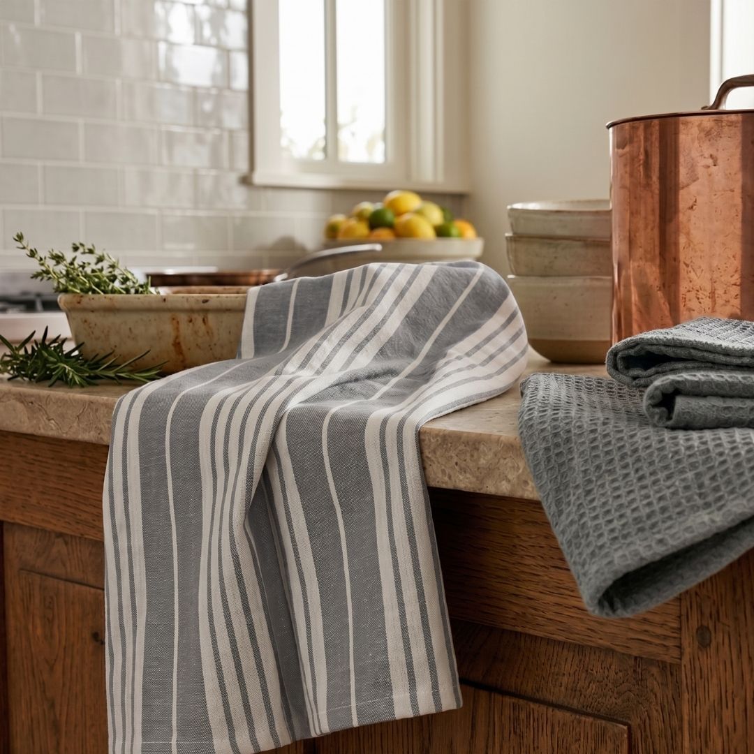 Kit Cocina Absorbente 4 Piezas: 2 Tapete Secaplatos + 2 Paños Algodón — Gris