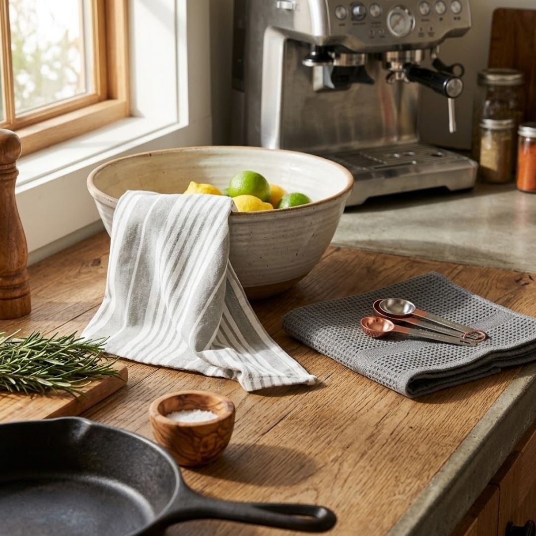 Kit Cocina Absorbente 4 Piezas: 2 Tapete Secaplatos + 2 Paños Algodón — Gris