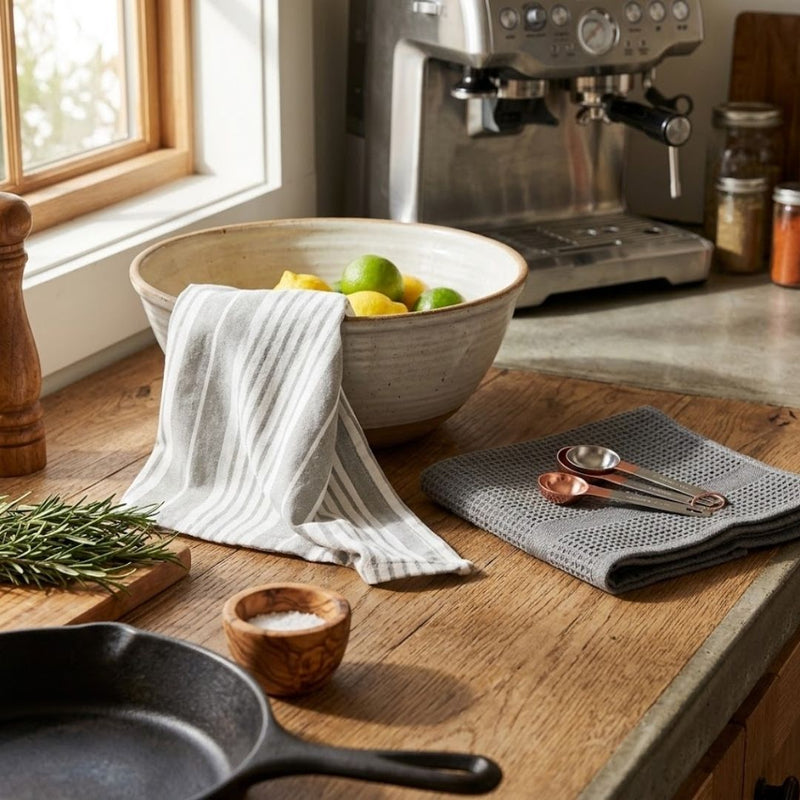Kit Cocina Absorbente 4 Piezas: 2 Tapete Secaplatos + 2 Paños Algodón — Turquesa / Gris