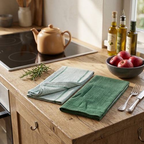 Kit Cocina Absorbente 4 Piezas: 2 Tapete Secaplatos + 2 Paños Algodón — Verde Olivo / Verde