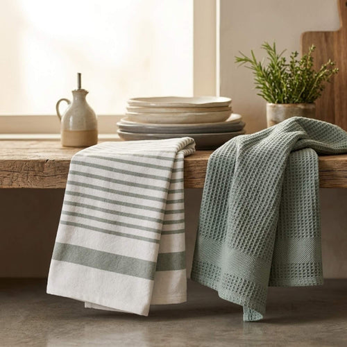 Kit Cocina Absorbente 4 Piezas: 2 Tapete Secaplatos + 2 Paños Algodón — Gris / Verde Olivo
