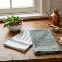 Kit Cocina Absorbente 4 Piezas: 2 Tapete Secaplatos + 2 Paños Algodón — Gris / Verde Olivo