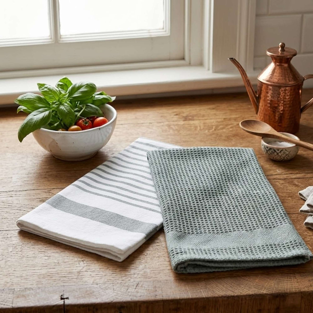 Kit Cocina Absorbente 4 Piezas: 2 Tapete Secaplatos + 2 Paños Algodón — Verde Olivo