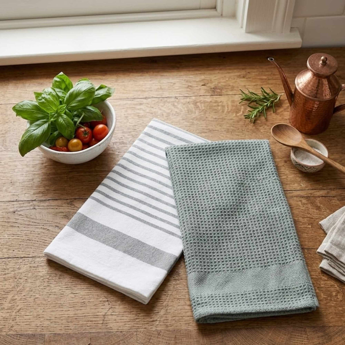 Kit Cocina Absorbente 4 Piezas: 2 Tapete Secaplatos + 2 Paños Algodón — Gris / Verde Olivo