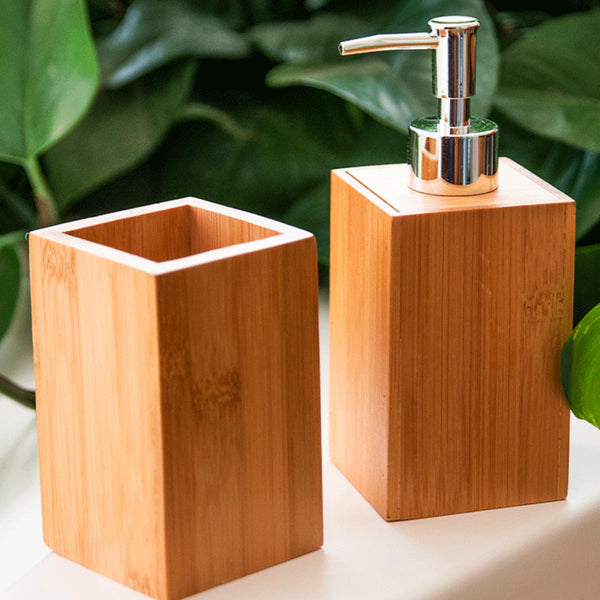 Set 2 accesorios de baño Dispensador de jabón y Vaso Bamboo - Decoexpress