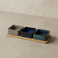 Set 3 Bowls Cerámica Cuadrados en Bandeja Bamboo 28 cm