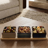 Set 3 Bowls Cerámica Cuadrados en Bandeja Bamboo 28 cm