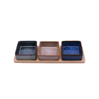 Set 3 Bowls Cerámica Cuadrados en Bandeja Bamboo 28 cm