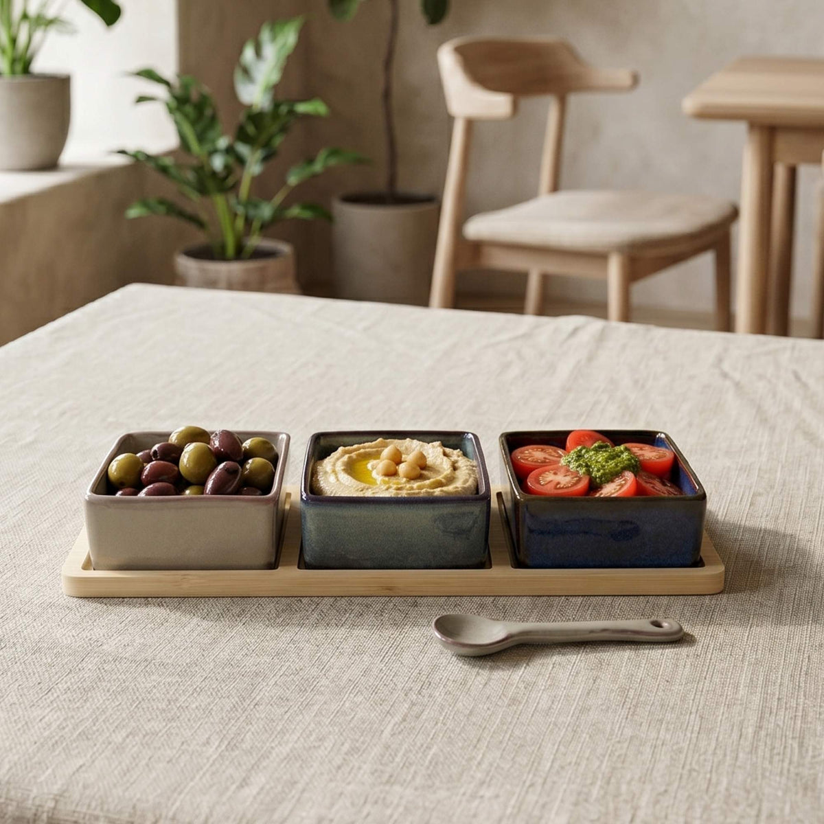 Set 3 Bowls Cerámica Cuadrados en Bandeja Bamboo 28 cm