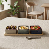 Set 3 Bowls Cerámica Cuadrados en Bandeja Bamboo 28 cm