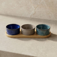 Set 3 Bowls Cerámica Redondos en Bandeja Bamboo 28 cm