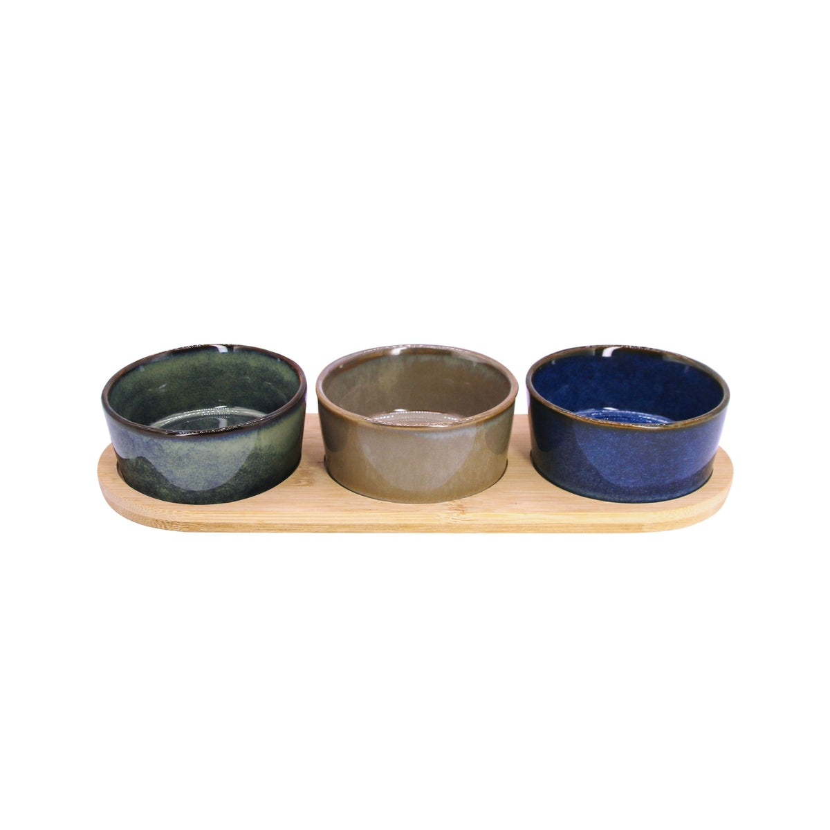 Set 3 Bowls Cerámica Redondos en Bandeja Bamboo 28 cm