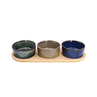 Set 3 Bowls Cerámica Redondos en Bandeja Bamboo 28 cm