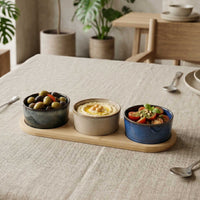 Set 3 Bowls Cerámica Redondos en Bandeja Bamboo 28 cm