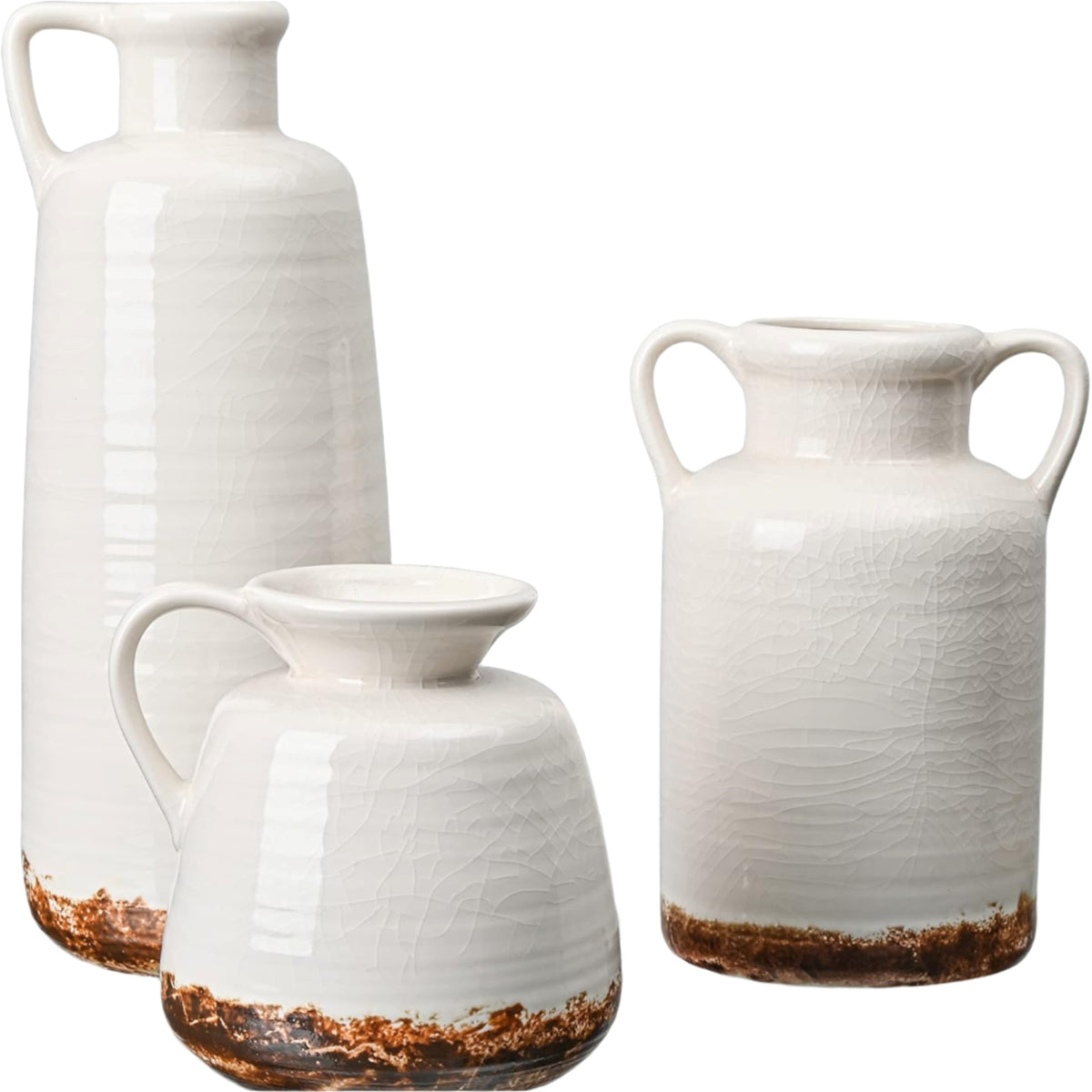 Set 3 Jarrones cerámica decorativo Blanco-Marrón Rustico