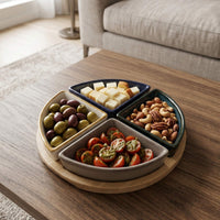 Set 4 Bowls Cerámica en Bandeja Bamboo Redonda 22 cm