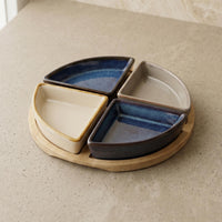 Set 4 Bowls Cerámica en Bandeja Bamboo Redonda 22 cm