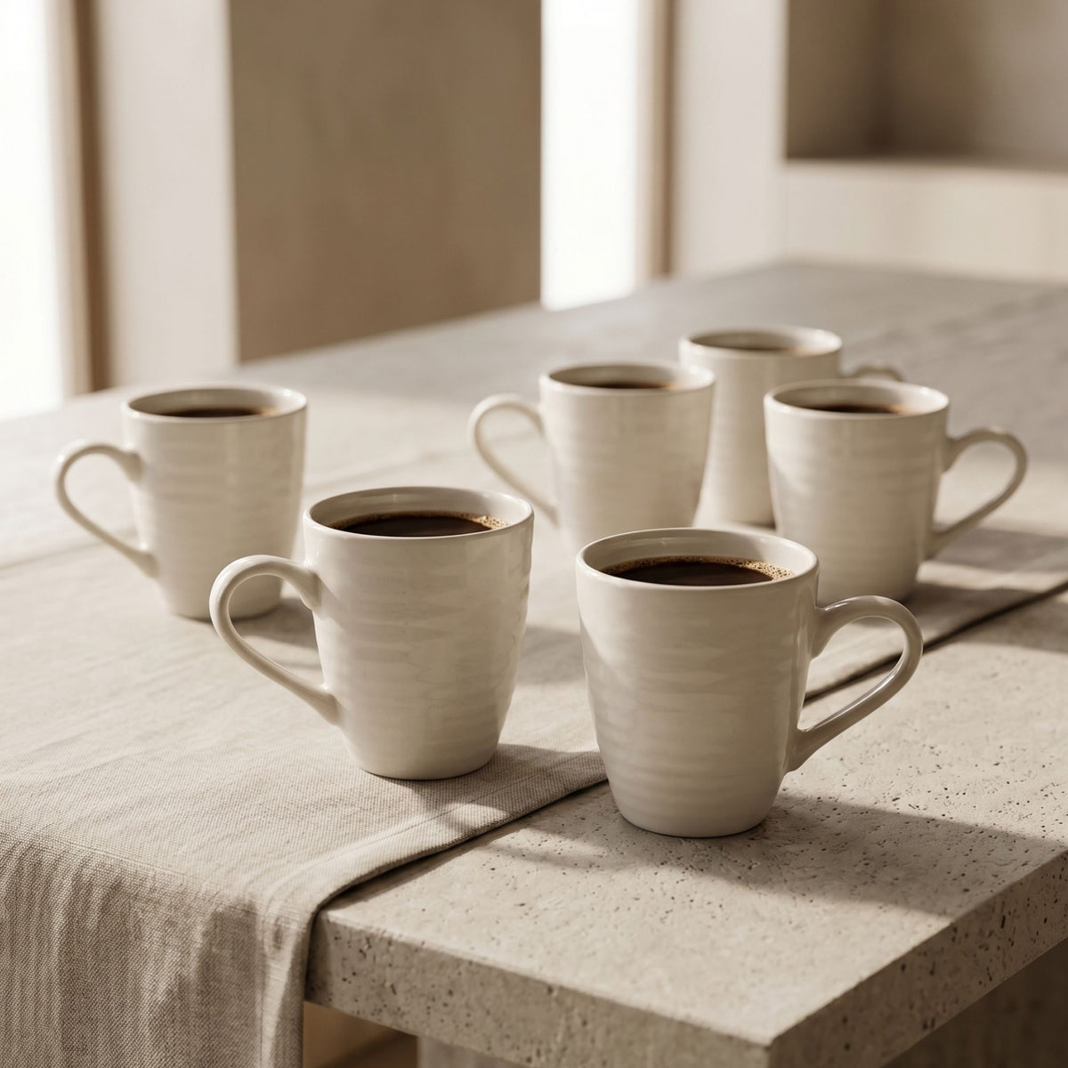 Set 6 Tazas Mug Cerámica Bérgamo 350 ml — Cilíndrica Blanco Marfil Estilo Nórdico