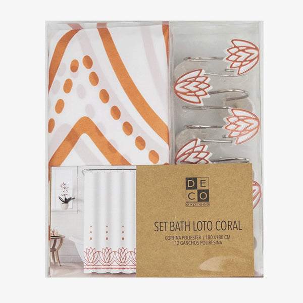 Cortina de baño 180x180 impermeable + 12 ganchos Loto Coral - Decoexpress
