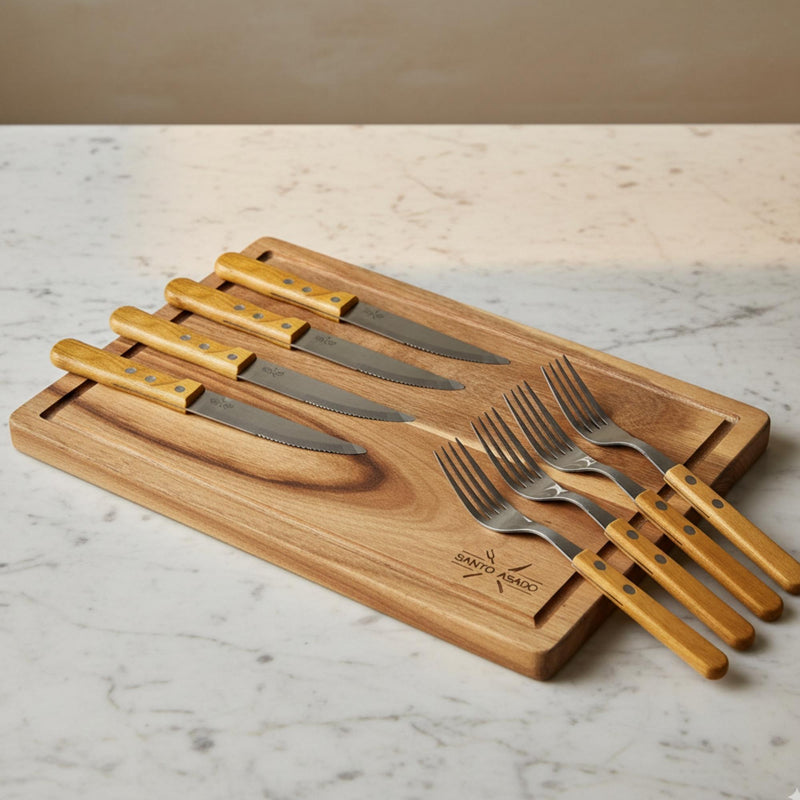 Set Parrillero Tabla + 8 Cubiertos Santo Asado Para Parrilla