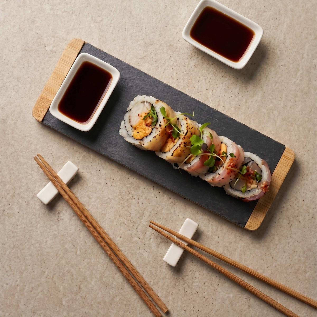 Set Sushi para 2 Personas en Tabla Bamboo y Palillos