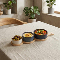 Set 3 Bowls Cerámica en 3 Tamaños con Bandeja Bamboo con Asa 35 cm