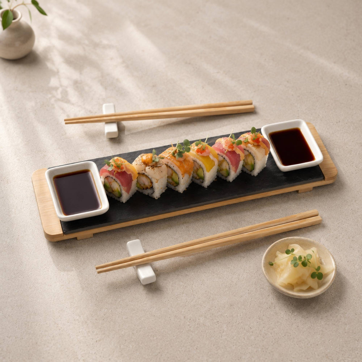 Set Sushi para 2 Personas en Tabla Bamboo y Palillos