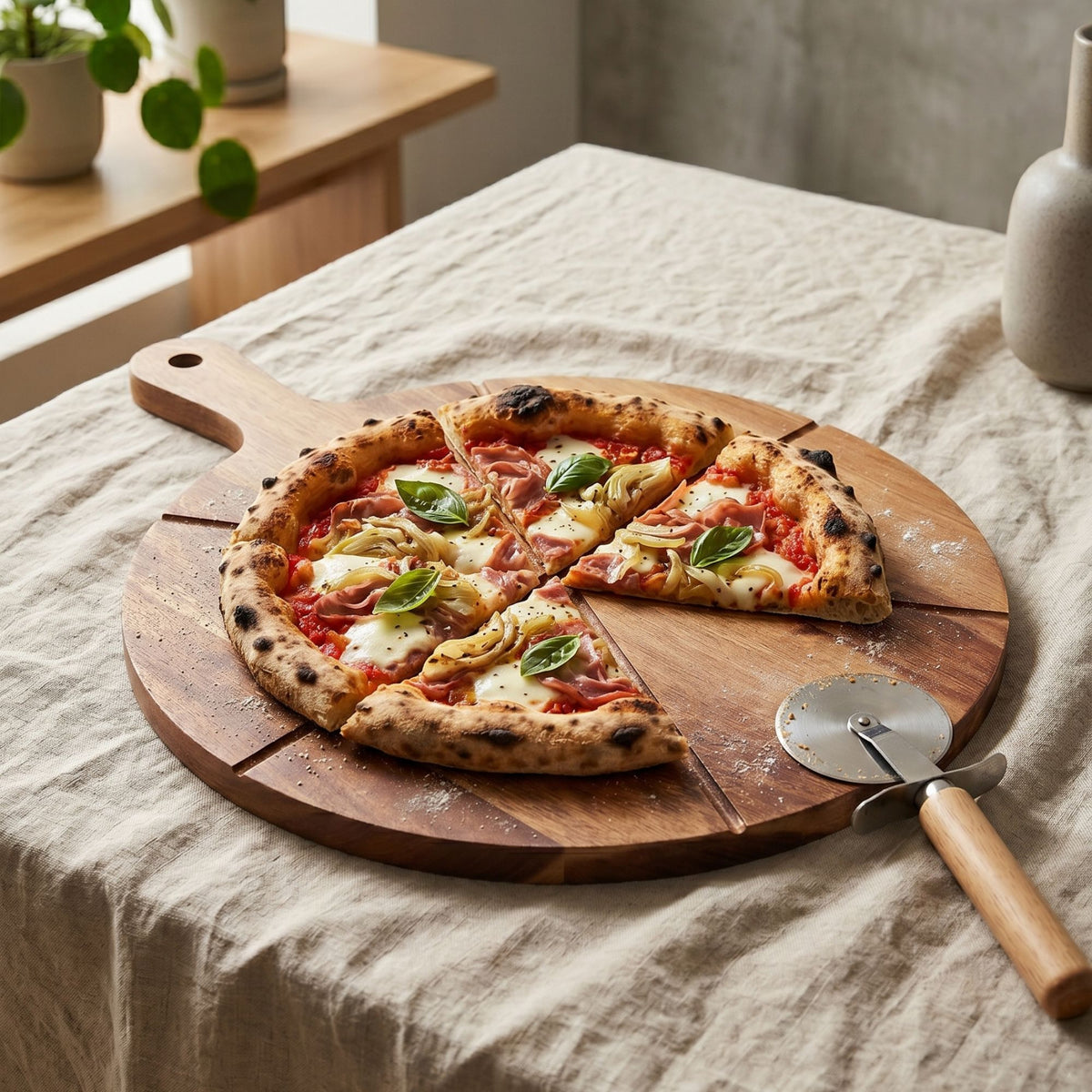 Tabla de Madera Acacia con Cortador de Pizza 42x32 cm
