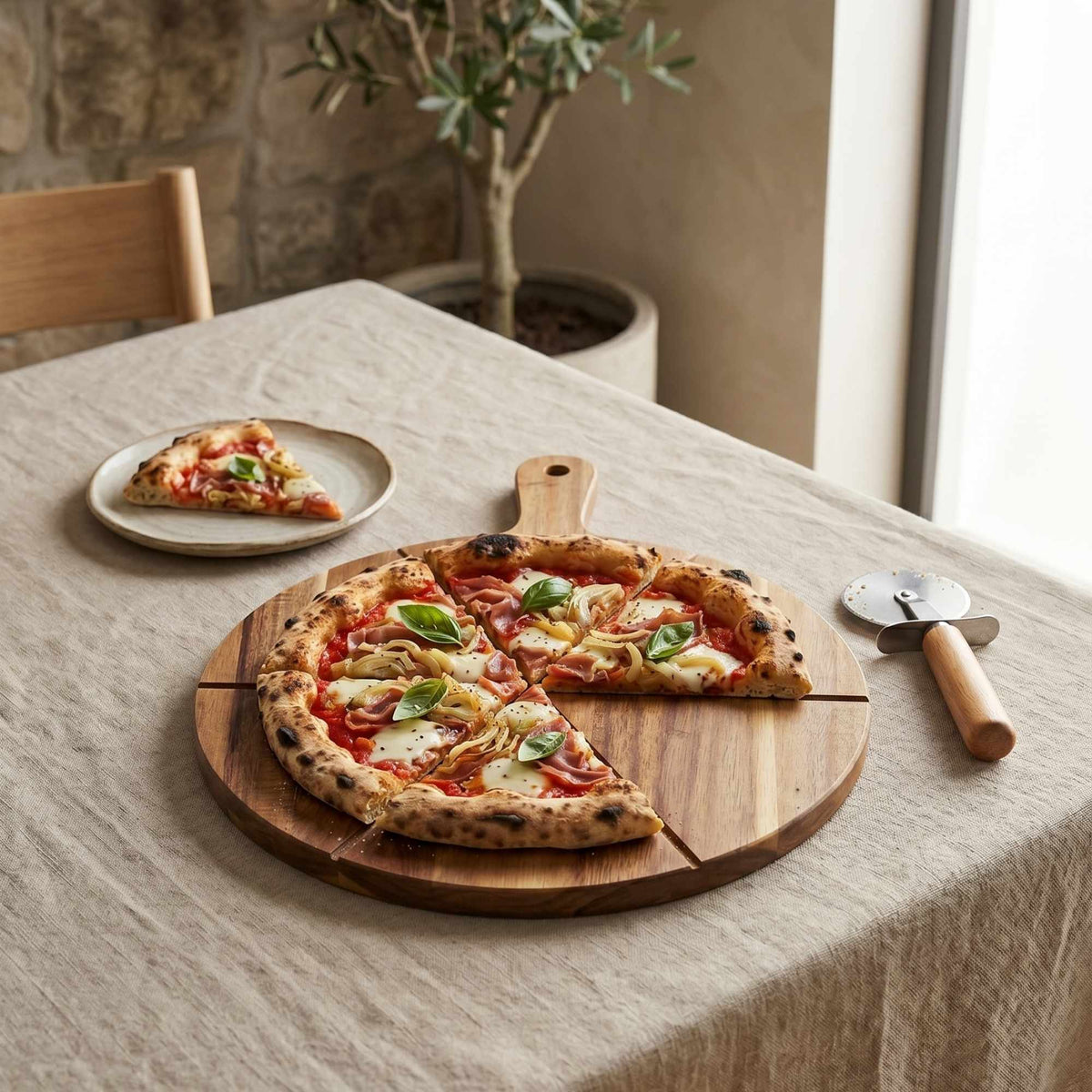 Tabla de Madera Acacia con Cortador de Pizza 42x32 cm