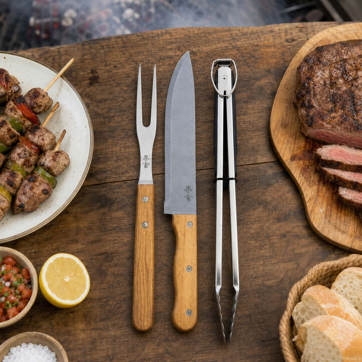 Set 3 Pzs Cuchillo, Tenedor y Tenaza Asado Lyn - Decoexpress