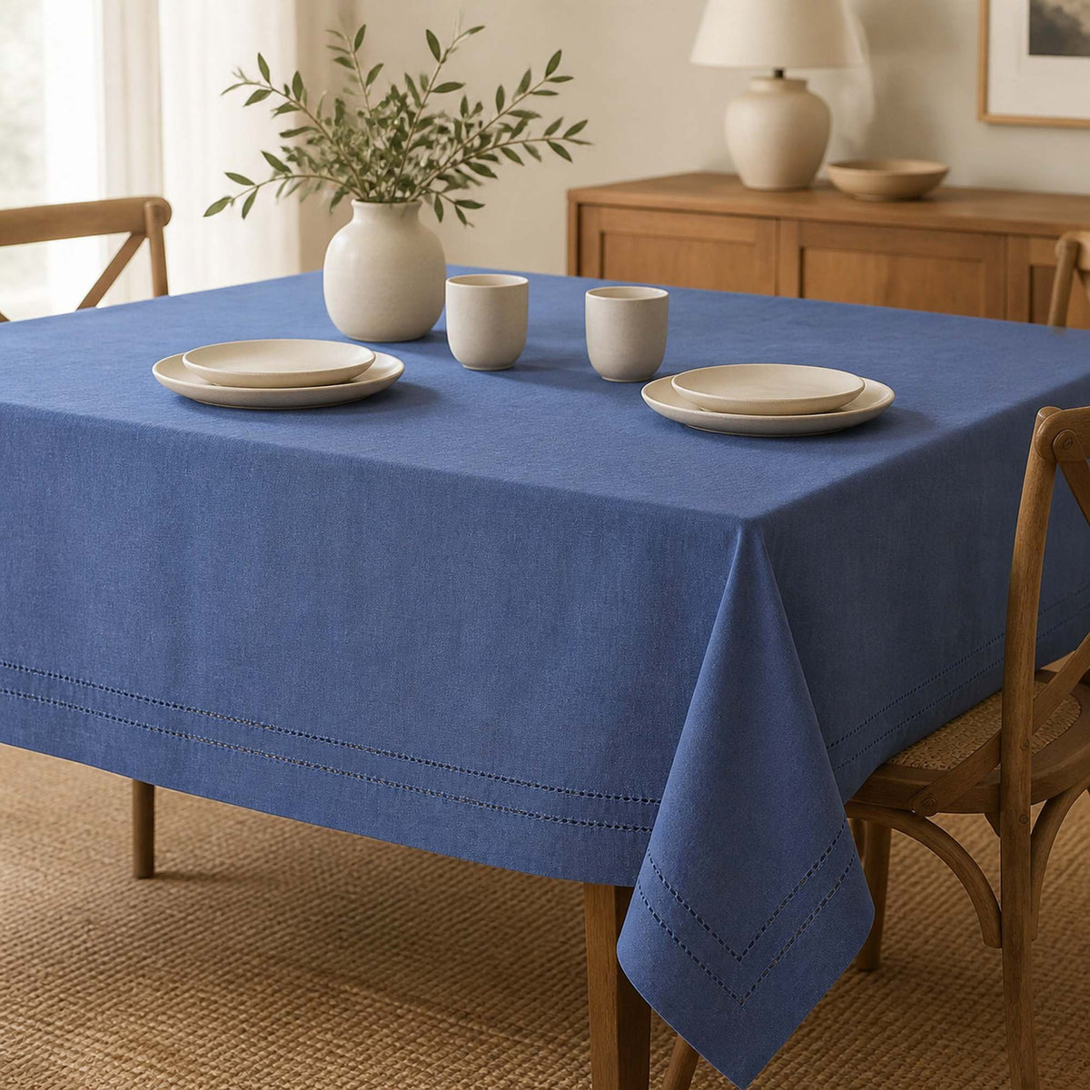 Mantel Picot Azul 180x280 cm ambientada - Decoexpress