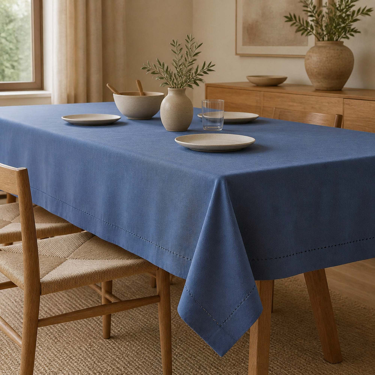 Mantel Picot Azul 180x350 cm ambientada - Decoexpress