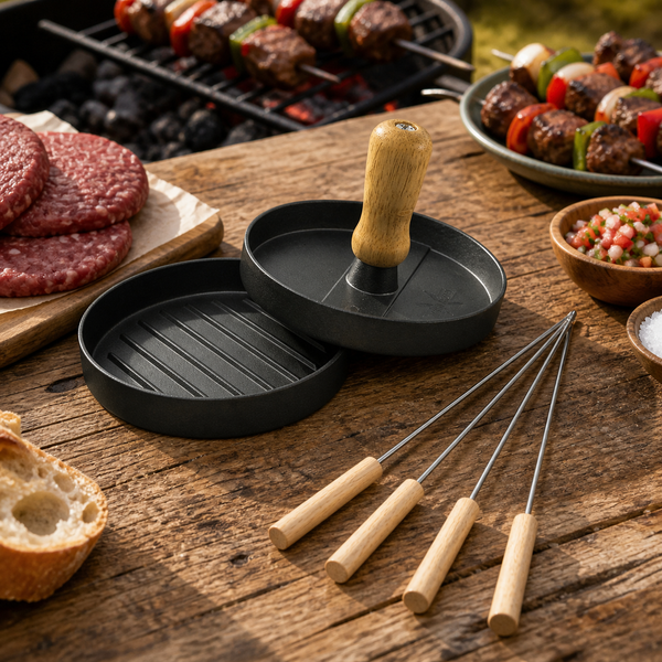 Set Prensa Hamburguesa y 4 Pzs Anticucho - Decoexpress